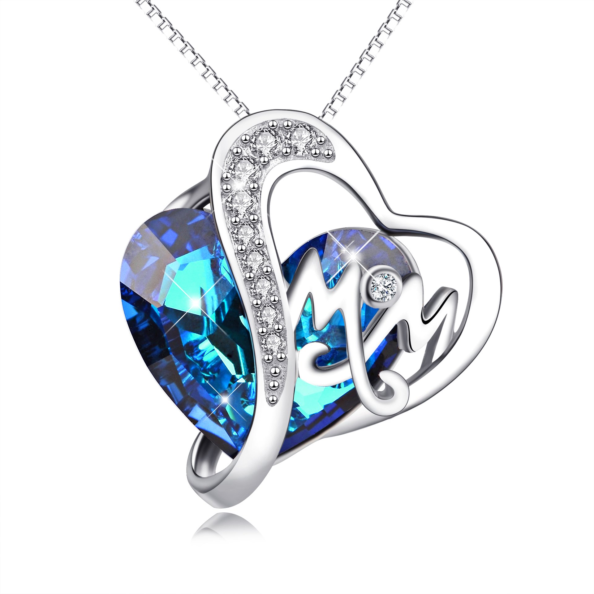 AOBOCO Gifts for Mom Blue Heart Crystal Necklace for Women 925 Sterling Silver with Animal Jewelry Mothers Day Gift for Mother Daughter (Mom)