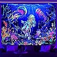 YEXIT Blacklight Under the Sea Tapestry, UV Reactive Colorful Coral Plant Jellyfish Diver Wall Astronaut Tapestry for Bedroom Decor 36×48 inch