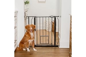 CARLSON PET PRODUCTS Carlson Extra Wide Walk Through Pet Gate with Small Pet Door, Includes 4-Inch Extension Kit, Pressure Mount Kit and Wall Mount Kit, Black