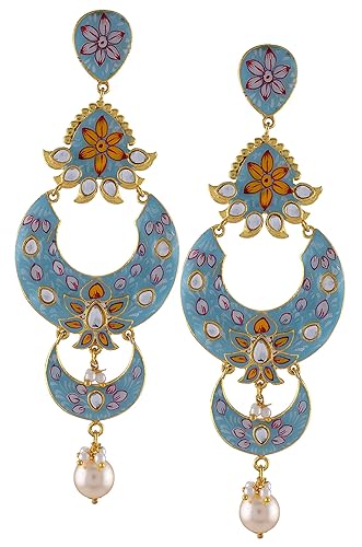Amrapali Malya Gold Plated Aqua Flower Enamelled Glass Moon Earrings for Women (BM(EER)17-72)