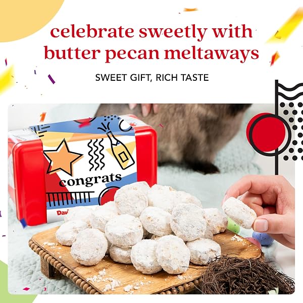 DAVID’S COOKIES CONGRATULATIONS BUTTER PECAN MELTAWAYS SWEET SAMPLER TIN – 16OZ SOFT GOURMET COOKIES WITH CRUNCHY PECANS – BAKERY DESSERT GIFT BOX FOR CELEBRATIONS, APPRECIATION AND SPECIAL OCCASIONS