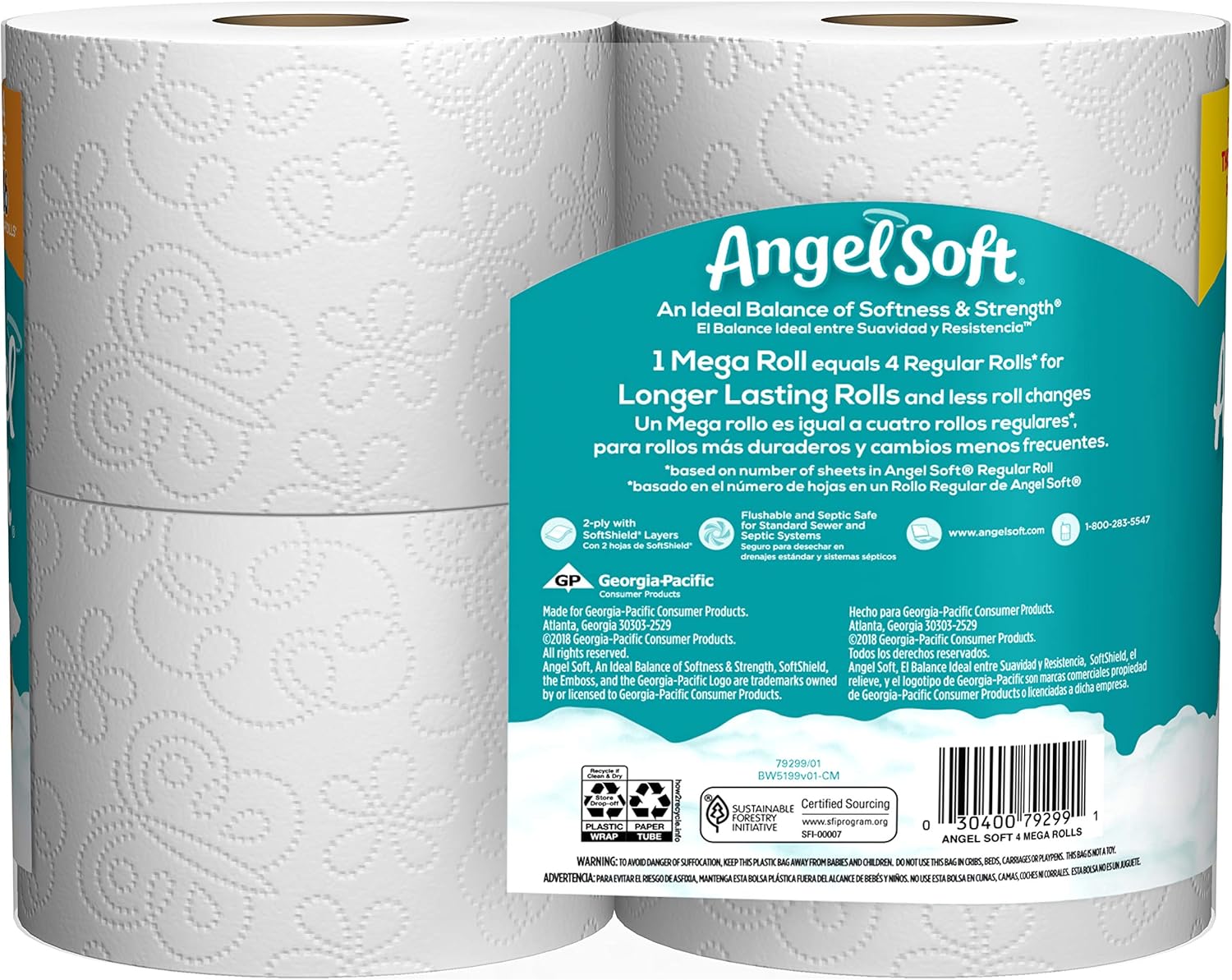Angel Soft Toilet Paper Bath Tissue, 4 Mega Rolls, 425+ 2-Ply Sheets Per Roll: Health & Personal Care