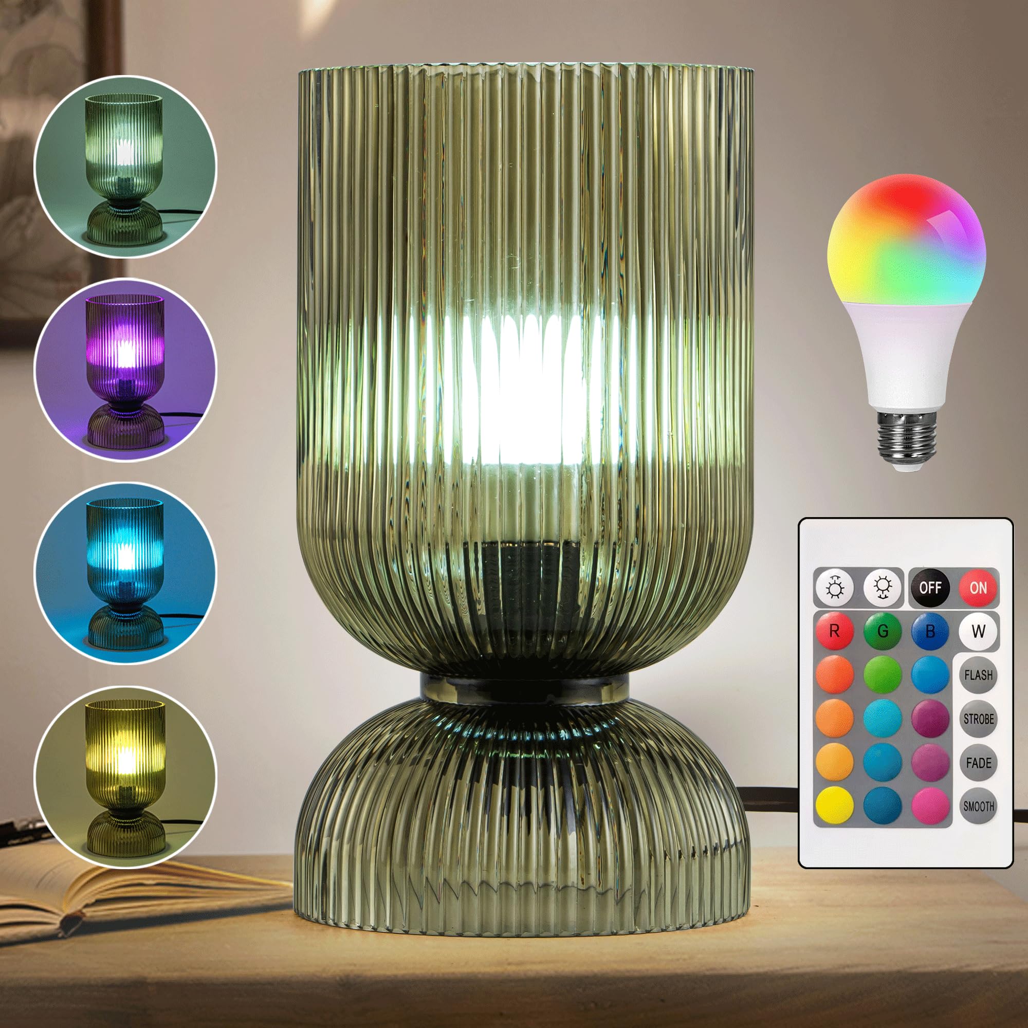 Photo 1 of Modern RGB Glass Table Lamp with Remote?Color Changing Bedside Lamp with Green Glass Shade, 16 Colors, On/Off Cord Switch, Nightstand Lamp for Bedroom, Living Room, Office,Bulb Included