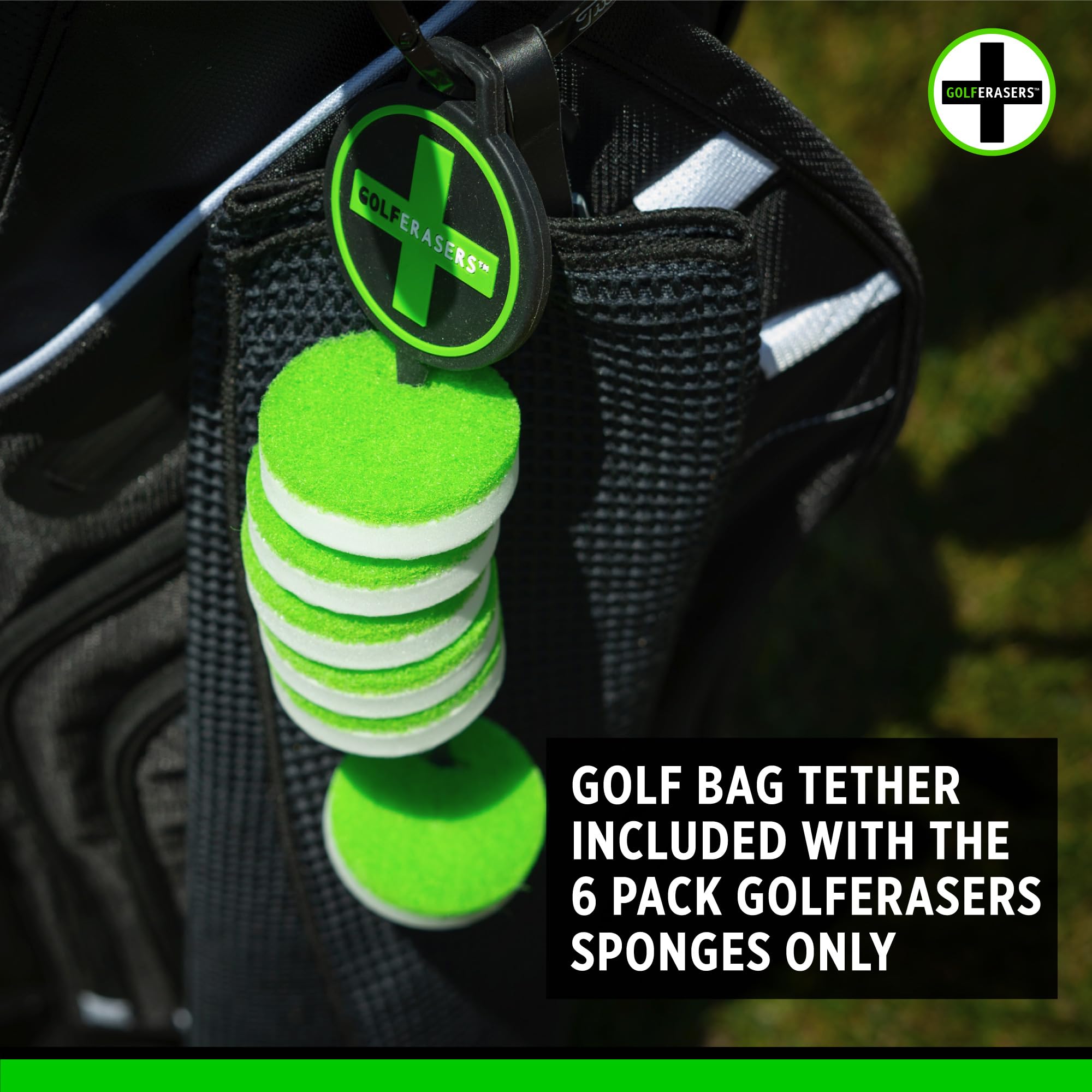 GolfERASERS Instant Golf Eraser with Bag Tether, Premium Dual-Sided Sponge for Cleaning Clubs, Shoes & Golf Balls - Golf Club Cleaner, Golf Ball Cleaner, Golf Club Groove Cleaner, 6 Pack