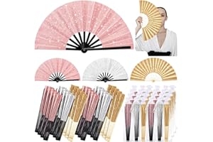 Vercraft 24 Pcs 10 Inch Large Glitter Rave Fan Bulk, Clacking Fans for Line Dancing Make Loud Sound Boots on The Ground Fan with Organza Bag for Christmas Edm Club Dancing(Gold Rose, Gold, Silver)