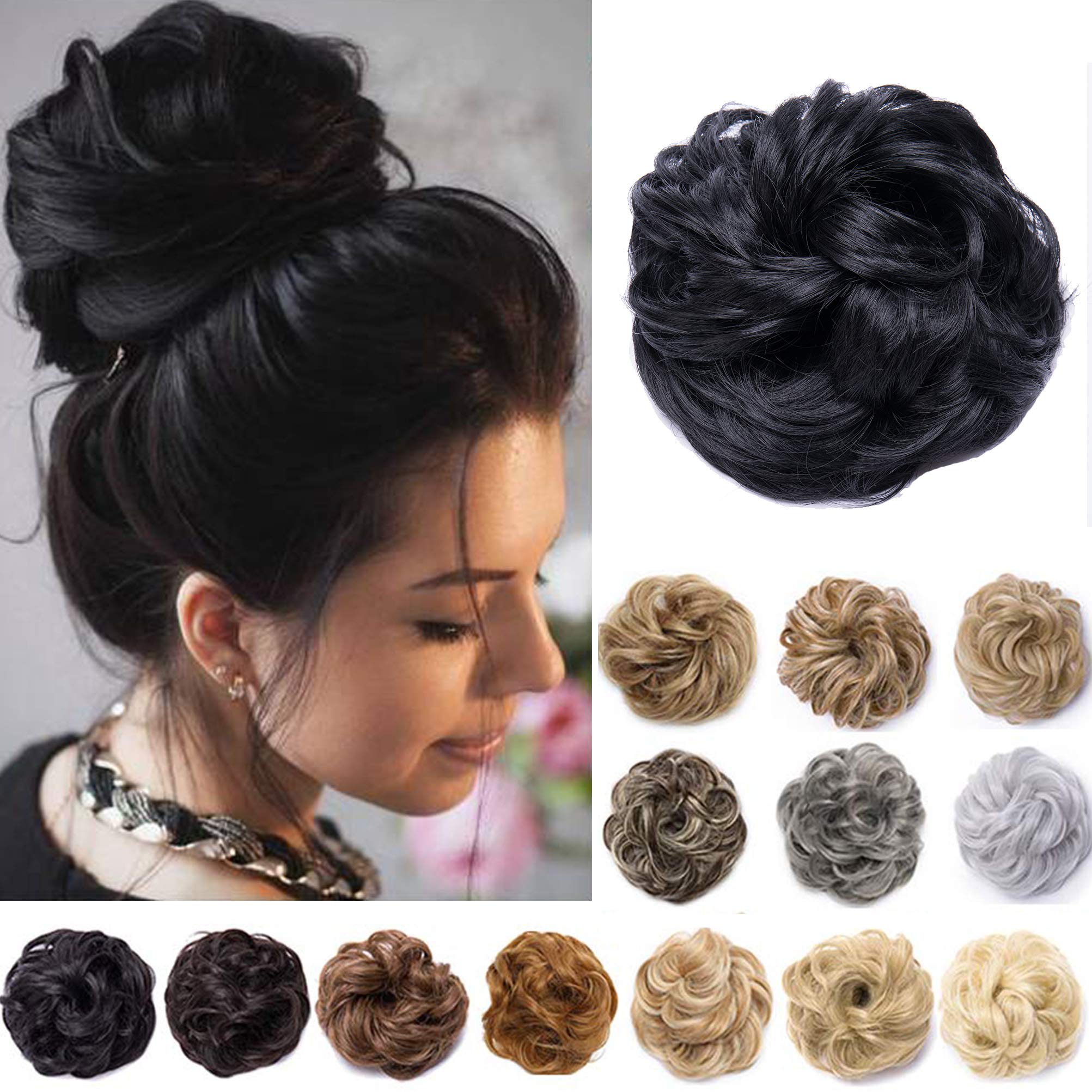 Messy Hair Bun Synthetic Extension Scrunchy Donut Curly Wavy Updo Elastic Scrunchie Thick Full Wedding Hair Pieces Bridal Hairpiece Easy Bun Updos Chignon for Women Kids Black