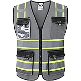 JKSafety Hi Vis Reflective Safety Vests for Men Women High Visibility Vest with Pockets Mesh Fabric Construction Safety Apparel Neon Vest for Work (220-Grey L)