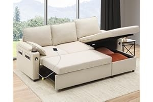 DURASPACE Sofa Bed Sleeper Pull Out 2 in 1 Sectional Sleeper Sofa Couches with Storage,USB, Cup Holder,Pullout Sectional Couches for Apartment Living Room (Beige Linen)