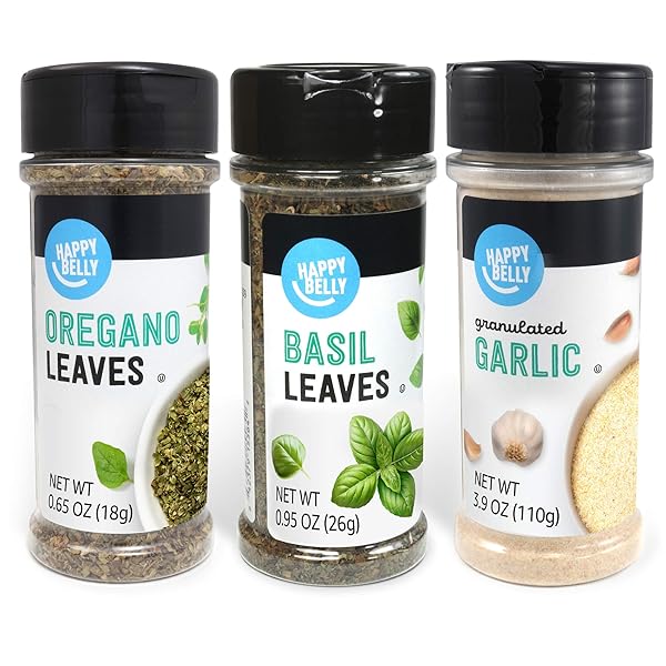 AMAZON BRAND – HAPPY BELLY ITALIAN COMBO SPICES, VARIETY PACK (BASIL, OREGANO, GRANULATED GARLIC), SET OF 3