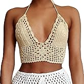 Crochet Halter Tops for Women Backless Camisole Knit Bra Tops Bralette Summer Beachwear
