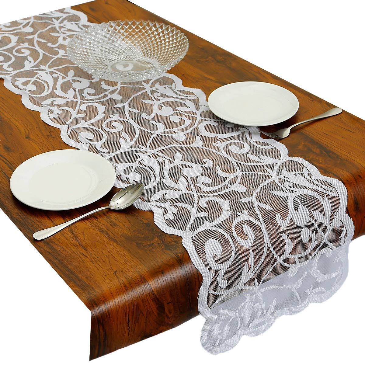 mookaitedecor 13x70 Inch White Lace Table Runner for Wedding Festival Party Christmas Table Centrepiece Living Room Home Desk Decor, Vintage Elegant Flower Dinner Table Runner