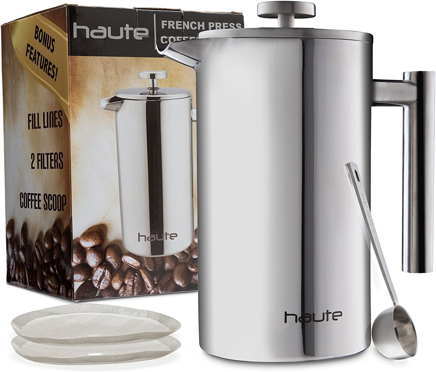 Haute 1L Stainless Steel French Press Coffee Maker with FILL LINES, 2 Extra Filters and Coffee Scoop (Stainless Steel)