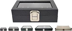 Novel Box Small Glass Top Black Leatherette Metal Clasp Jewelry Display Case 6X3.75X2 + Custom NB Pouch