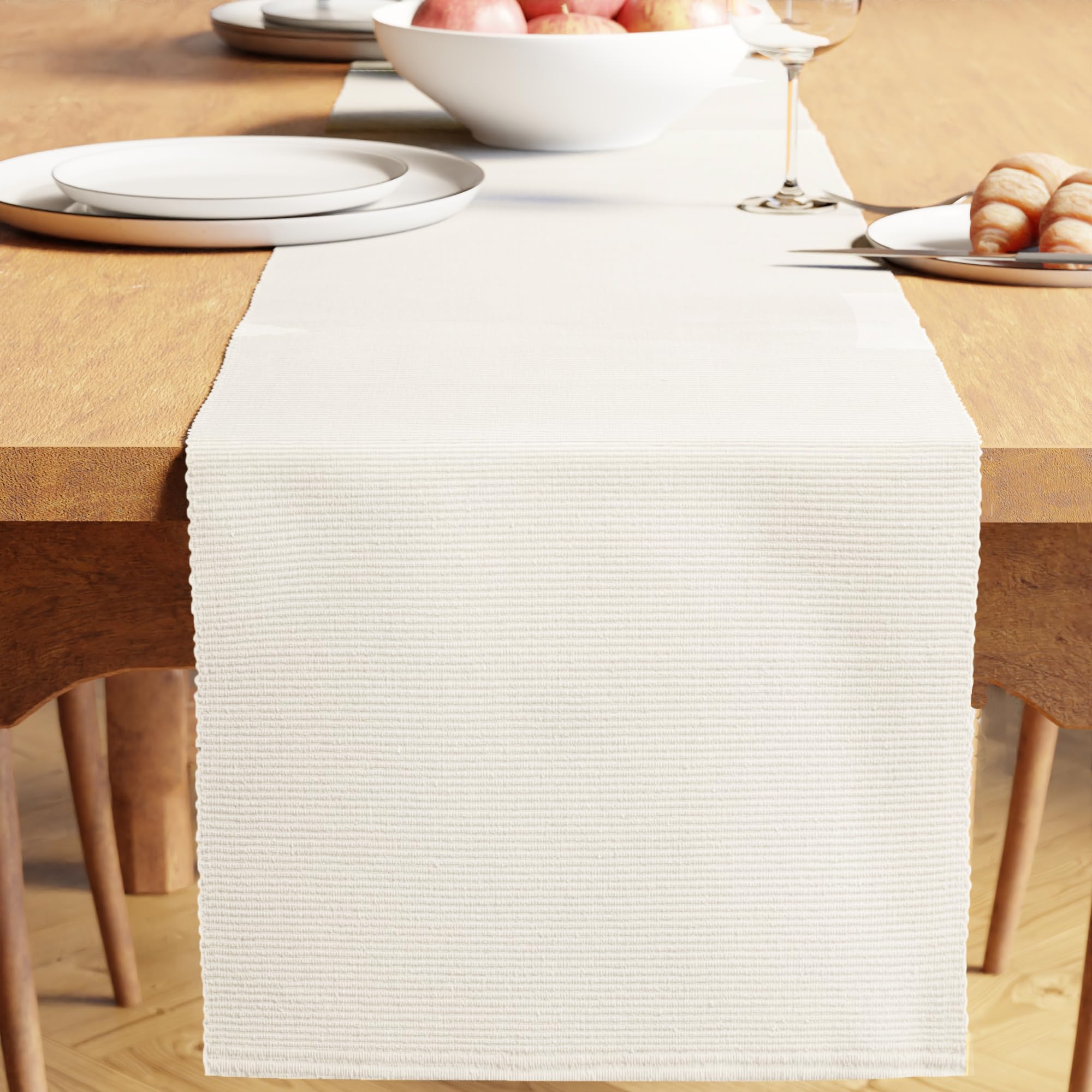 Encasa XO Dining Table Runner 32x200 cm | Yarn Dyed Fine Ribbed Cotton | Solid Off White | Machine Washable — image 1