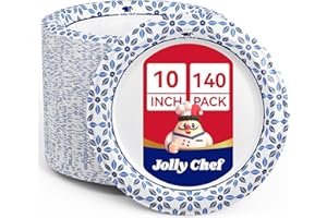 JOLLY CHEF 10 inch Disposable Paper Plates 140 Count, Soak Proof, Cut Proof, Heavy Duty Paper Plates for Everyday Use