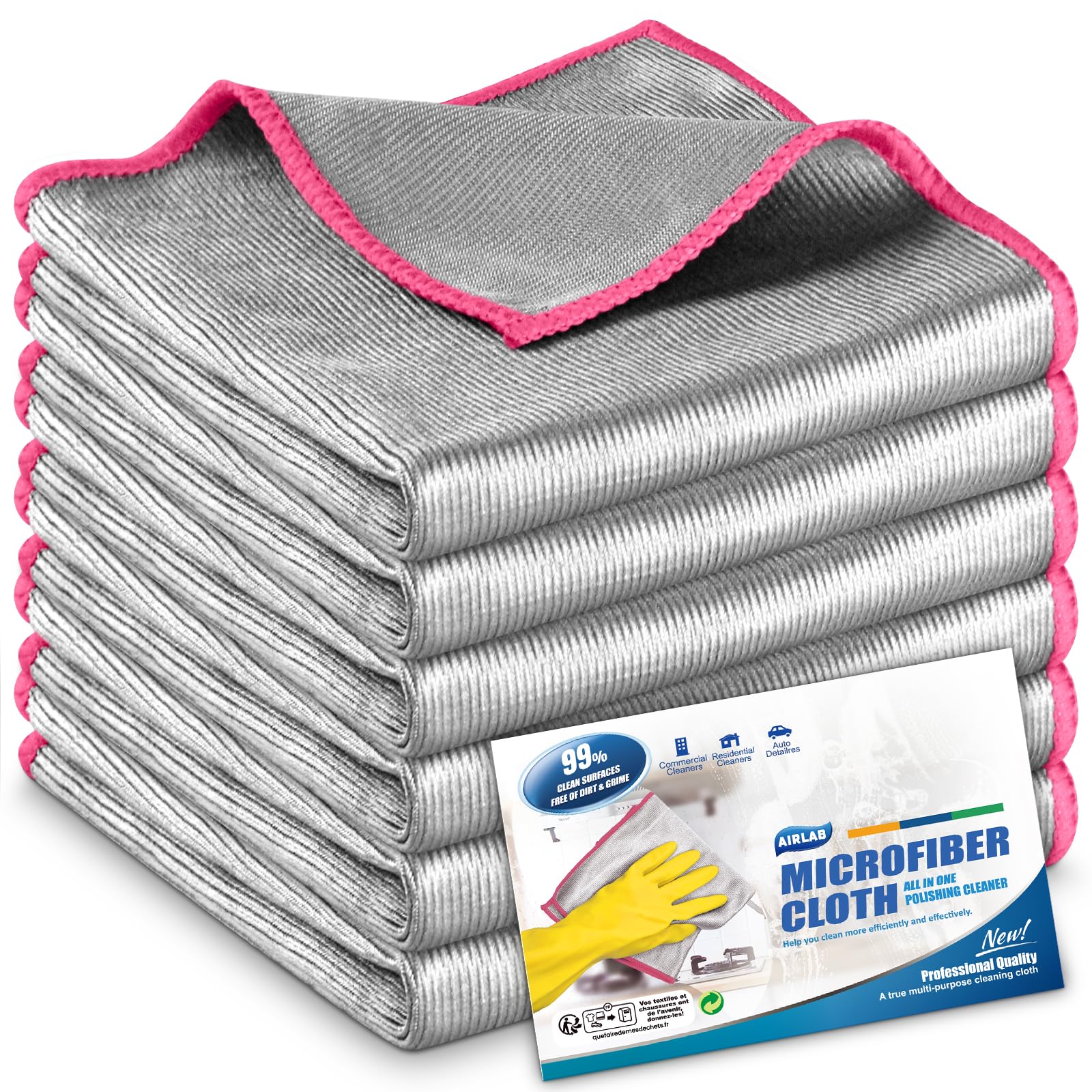 Airlab 6X Double-Sided Glass Cloth, Window Cleaning Cloths Streak Free, Thickened Magic Cleaning Cloth for Home All Purpose, Lint Free Polishing Cloth for Mirrors, Stainless Steel and Glass Cabinets