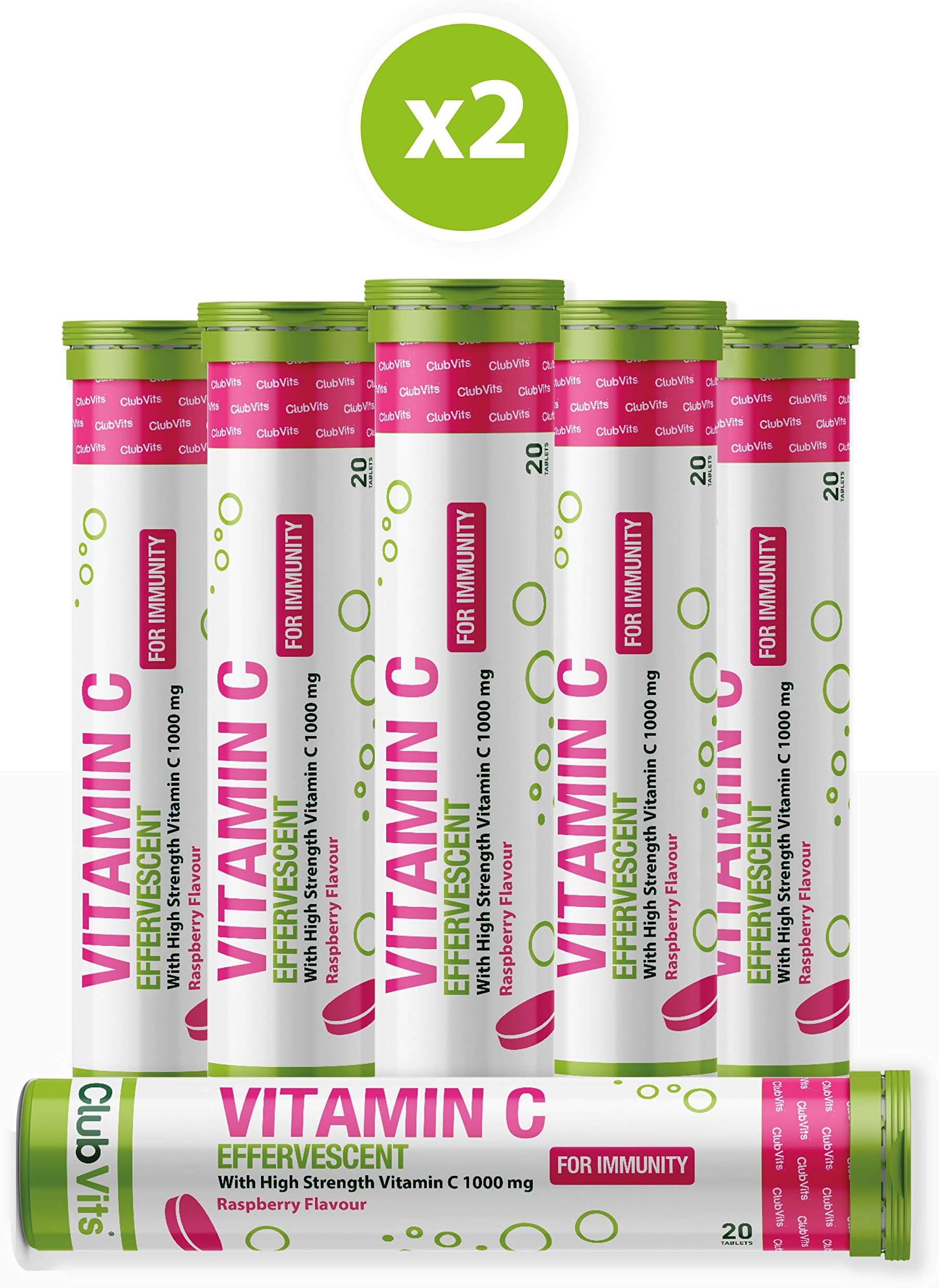 Club Vits - Vitamin C 1000mg Effervescent Tablets - Raspberry Flavour - 12 Tubes of 20 Tablets