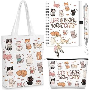 Sunnymove 5 Pcs Cute Cat Gifts Set for Women Include Keychain Canvas Tote Bag Cat Lover Zipper Makeup Bag Notebook Pen for Wo