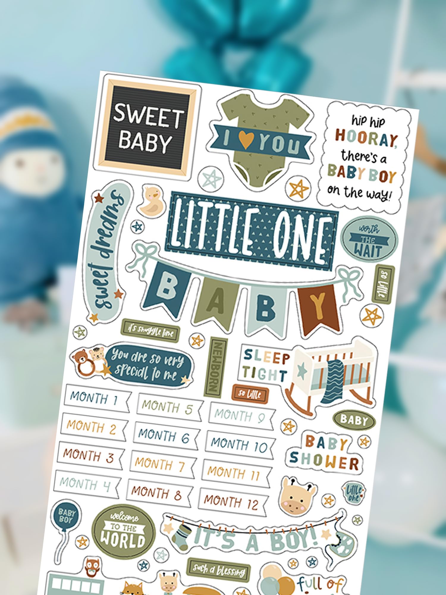 Baby Scrapbook Supplies - Baby Accent for Scrapbooking, Photo Album, DIY Crafts - Scrapbook Chipboard Baby Boy Inspired Embellishments with Cute Phrases, Toys, Blue Aesthetic Design - 2 Items