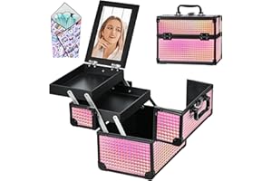 GALHUBIS Makeup Case Organizer,Makeup Train Case, Trays Cosmetic Box Portable, Profesional for Salon Barber,Black Bright Pink
