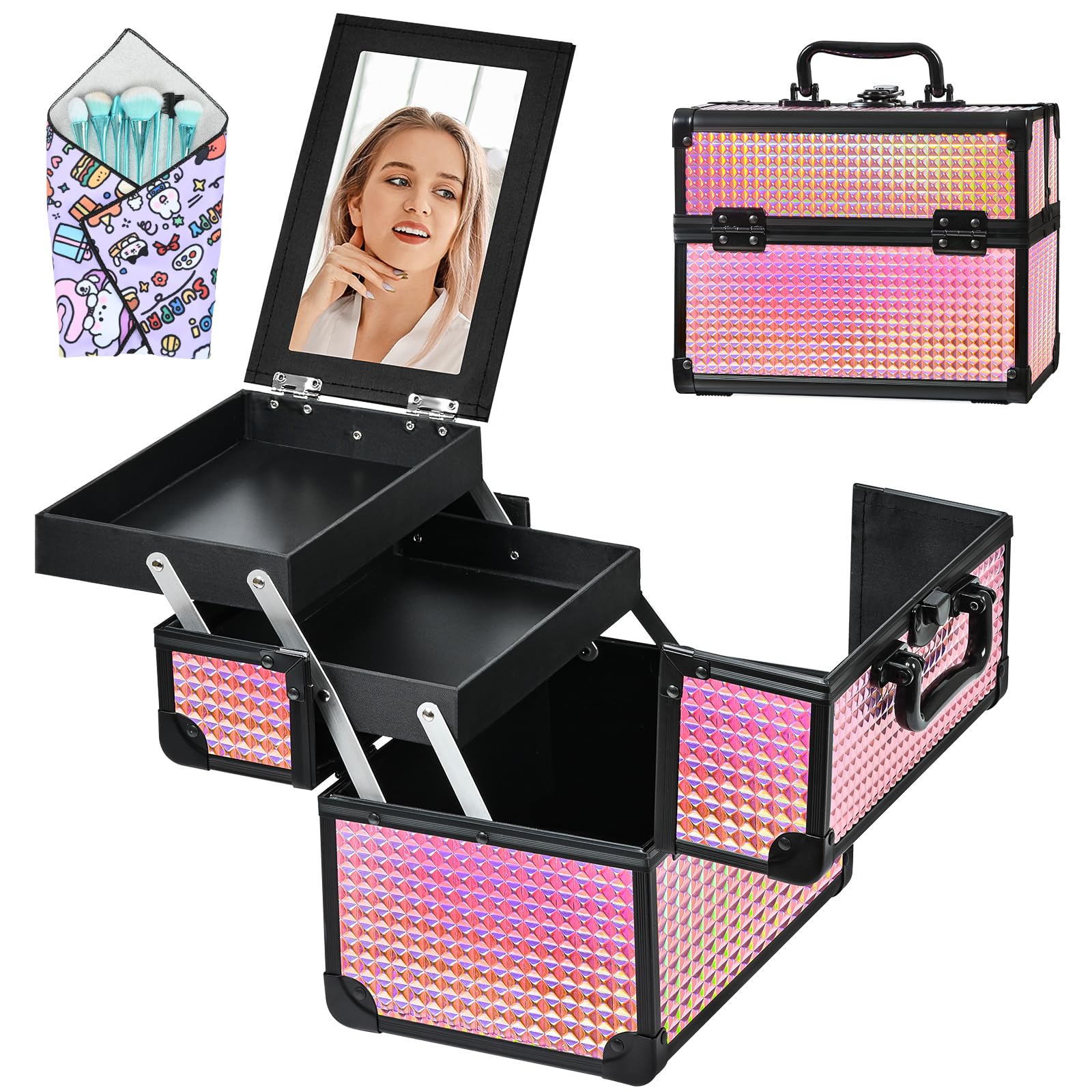 Photo 1 of GALHUBIS Makeup Case Organizer,Makeup Train Case, Trays Cosmetic Box Portable, Profesional for Salon Barber,Black Bright Pink