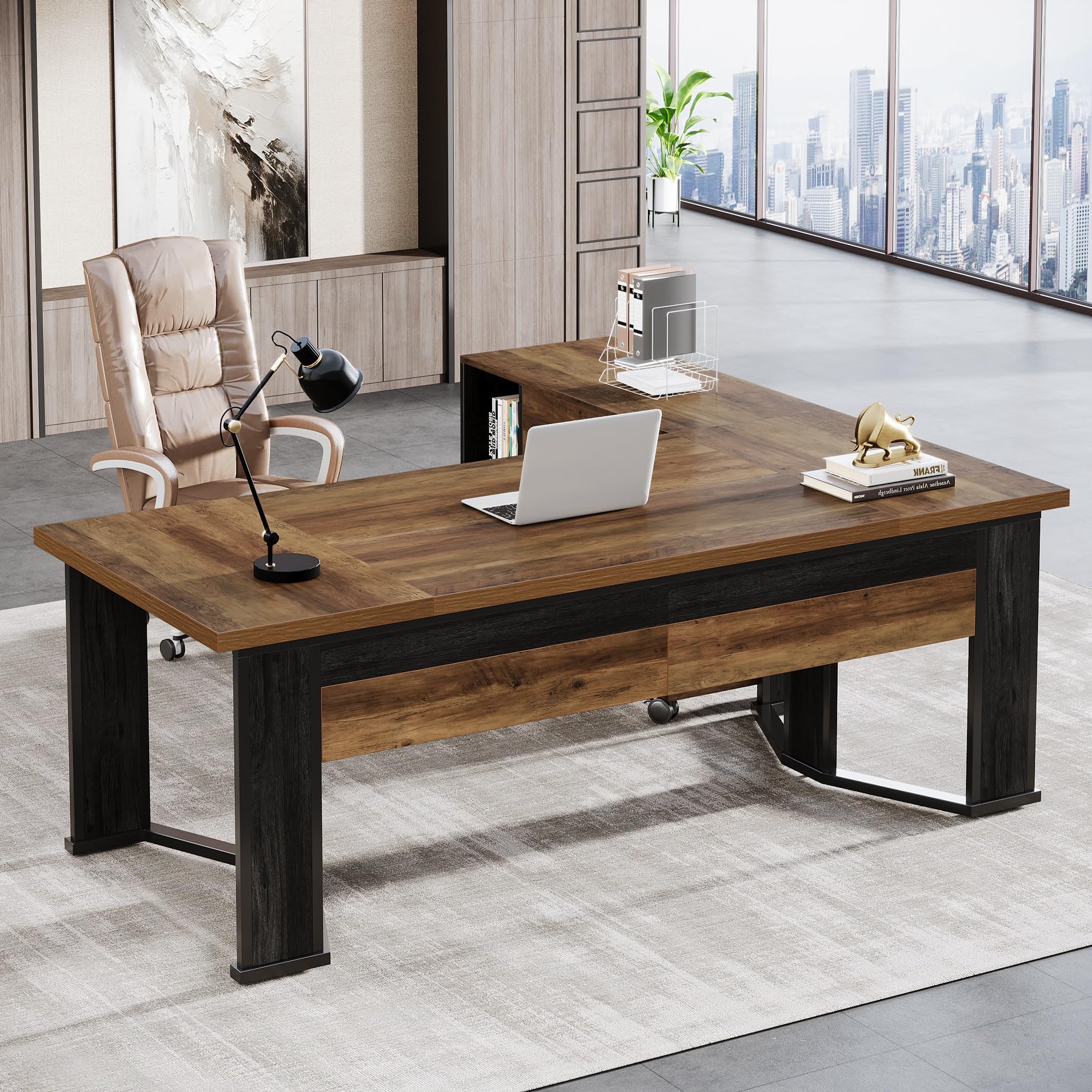 Photo 1 of ***SCRATCHES **MISSING PIECES**FINAL SALE!!!!**Tribesigns 70.86" Executive Desk with Mobile File Cabinet, Large L Shaped Computer Office Desk with 2 Drawers and Storage Shelves, Business Furniture Desk Workstation for Home Office (Rustic Brown)