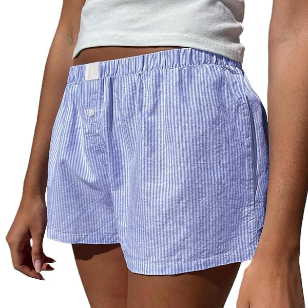 PEASSA WOMEN STRIPED LOUNGE BOXER SHORTS CUTE SUMMER Y2K PAJAMA BOTTOMS SLEEP SHORTS BLUE L