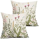 aportt Wildflowers Spring Pillow Covers 18X18 Inch Set of 2 Sage Green Plant Floral Leaves Decorative Pillow Cases Flower Seasonal Cushion Case Farmhouse Home Decor for Sofa Couch Living Room