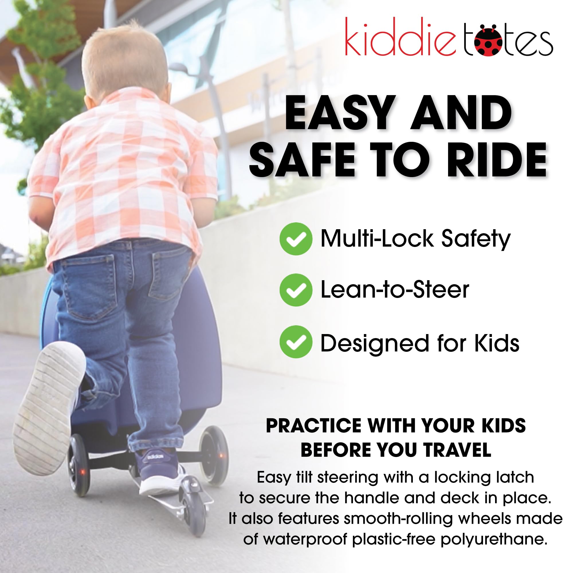 KIDDIETOTES Ride-On Scooter Suitcase for Kids – Hardside Lightweight Carry-On Luggage with Foldable Scooter, LED Wheels, Travel Fun for Toddlers & Children