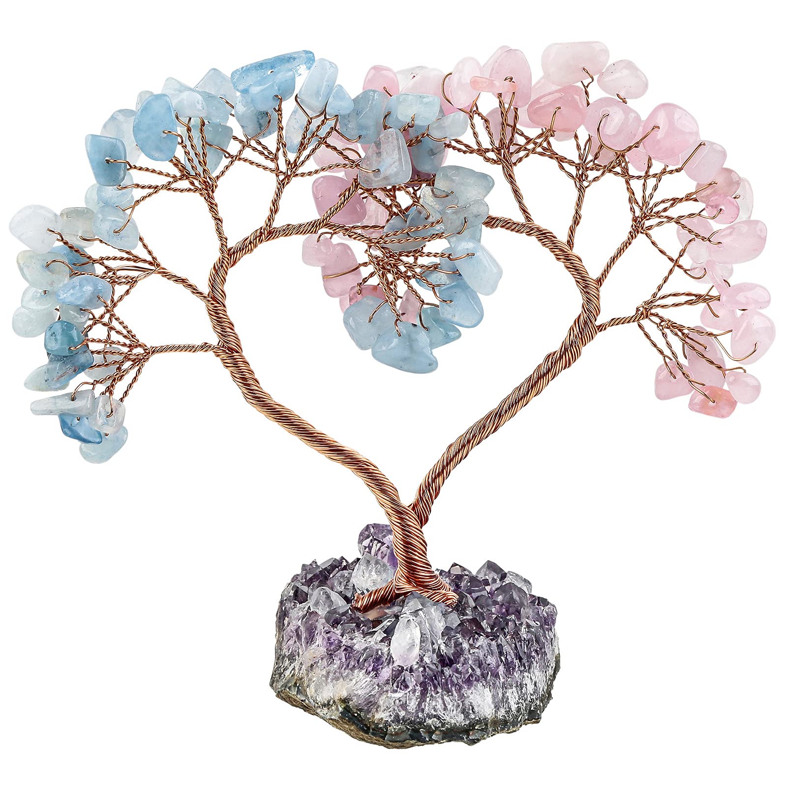 mookaitedecor Aquamarine & Rose Quartz Love Heart Crystal Tree with Amethyst Cluster Crystal Base, Healing Semi Precious Stone Money Tree Feng Shui Ornaments for Wealth Luck Wedding Desk Decor
