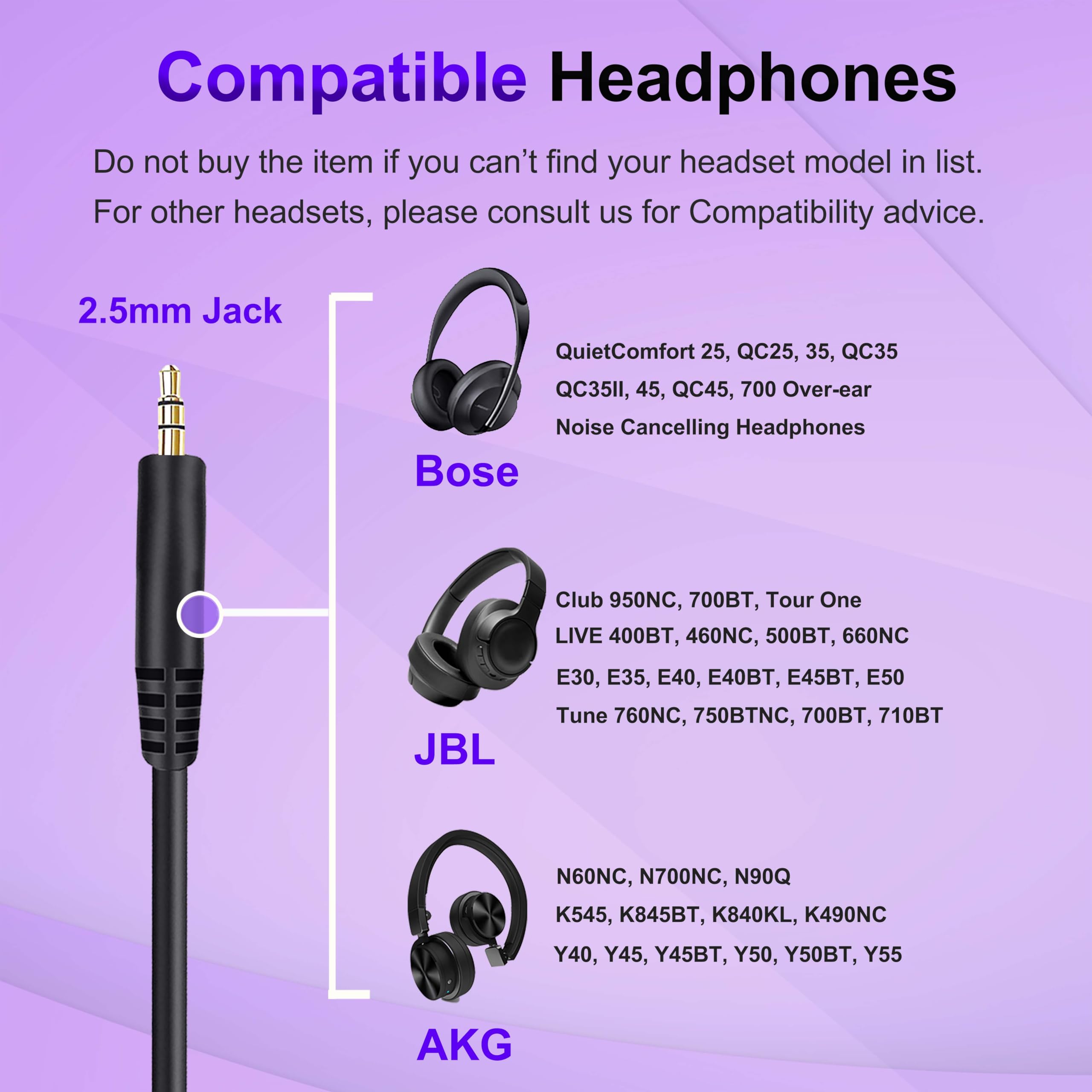 Replacement Audio Cable Cord for Bose Headphones Aux Wire 3.5mm to 2.5mm Compatible with Bose 700 Quietcomfort 25 QC25 35 QC35 QC35II 45 QC45 JBL Tune 710BT 660NC 760NC Headphones (No Mic)