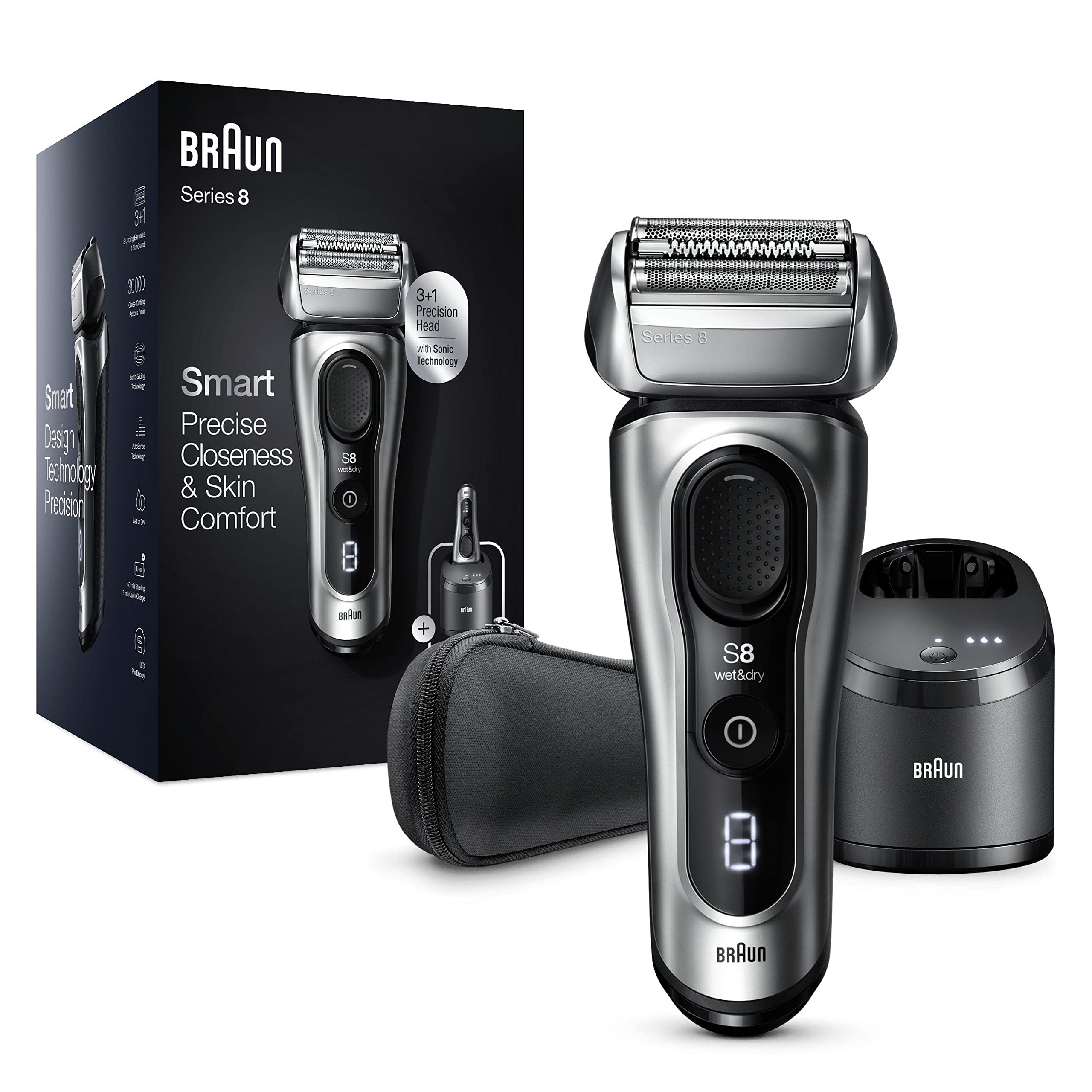 Braun Series 8, Regolabarba Uomo, Rasoio Elettrico Barba, Custodia da Viaggio, Tecnologia Sonica, Lame Flessibili, Custodia da Viaggio, Idea Regalo, 8467cc Grigio