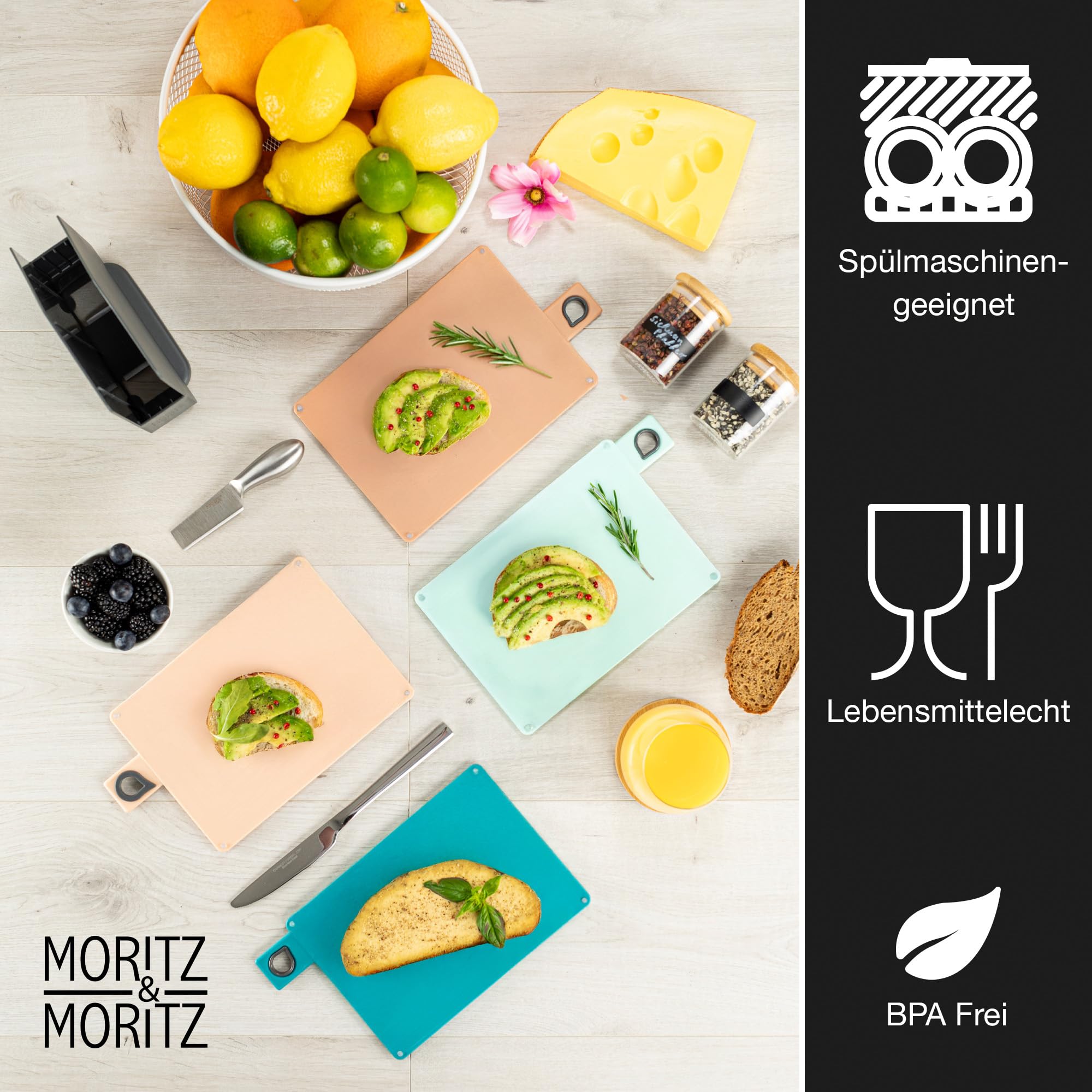 Moritz & Moritz 4x Frühstücksbrettchen mit Ständer 20,5 x 14,5 cm - Spülmaschinenfest - Schneidebrett Kunststoff Set mit Ständer - Brettchen mit Ständer - Frühstücksbrettchen Bunt - Brettchen Set 3