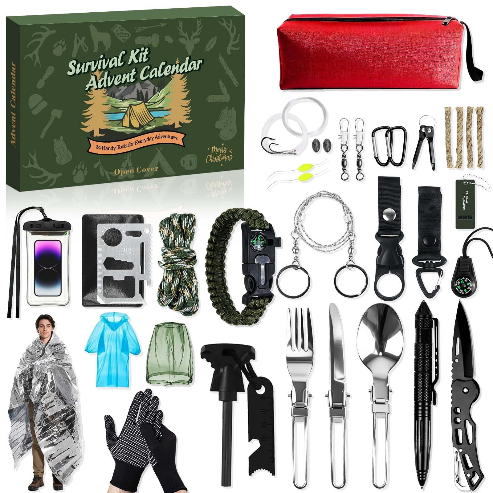 Photo 1 of 2025 Advent Calendar for Adults, Advent Calendar Survival Kits for Men Adults Teens Boys, 24 Days Christmas Countdown Calendar Gift for Outdoor Adventure Camping Fishing Hunting