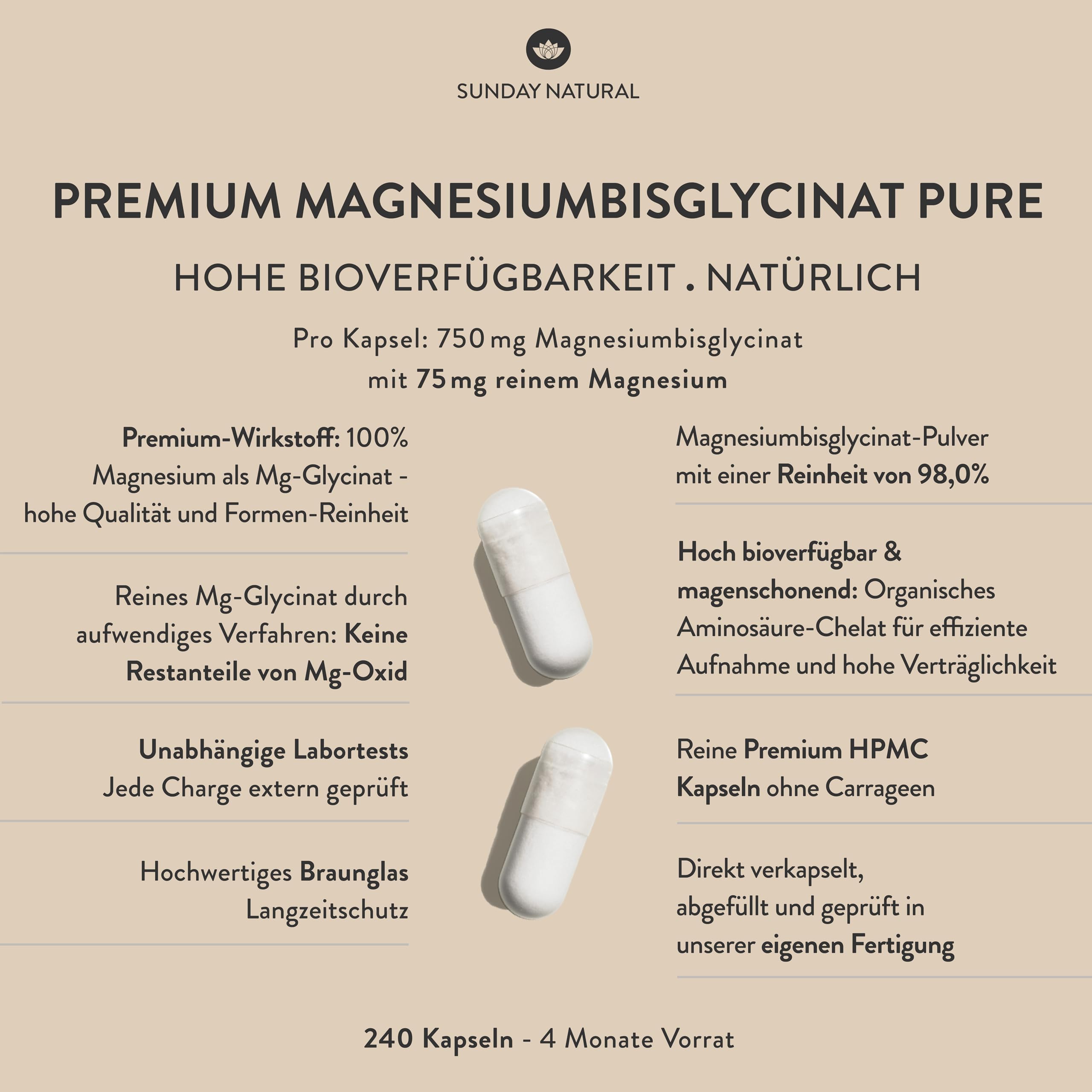 SUNDAY NATURAL® Magnesium Bisglycinat Premium - 240 Kapseln - 150mg reines Magnesium Glycinat Tagesdosis - Magnesiumglycinate als organisches Aminosäurechelat – Laborgeprüft, vegan 2