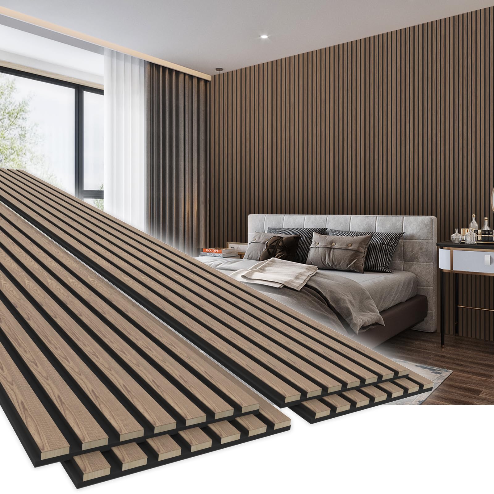 Photo 1 of EVERECO 4 Pack 94.5" × 11" Wood Panels for Wall, Acoustic Soundproof Wall Slat Panels, 3D Wall Panels for Home Office Decoration, Natural Walnut