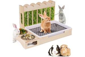 OREKEMO Upgraded 3-in-1 Rabbit Hay Feeder with Litter Box, Sturdy Wooden Hay Feeder Set for Guinea Pigs, Chinchillas, Hamsters, Ferret, Rabbits and Other Small Animal