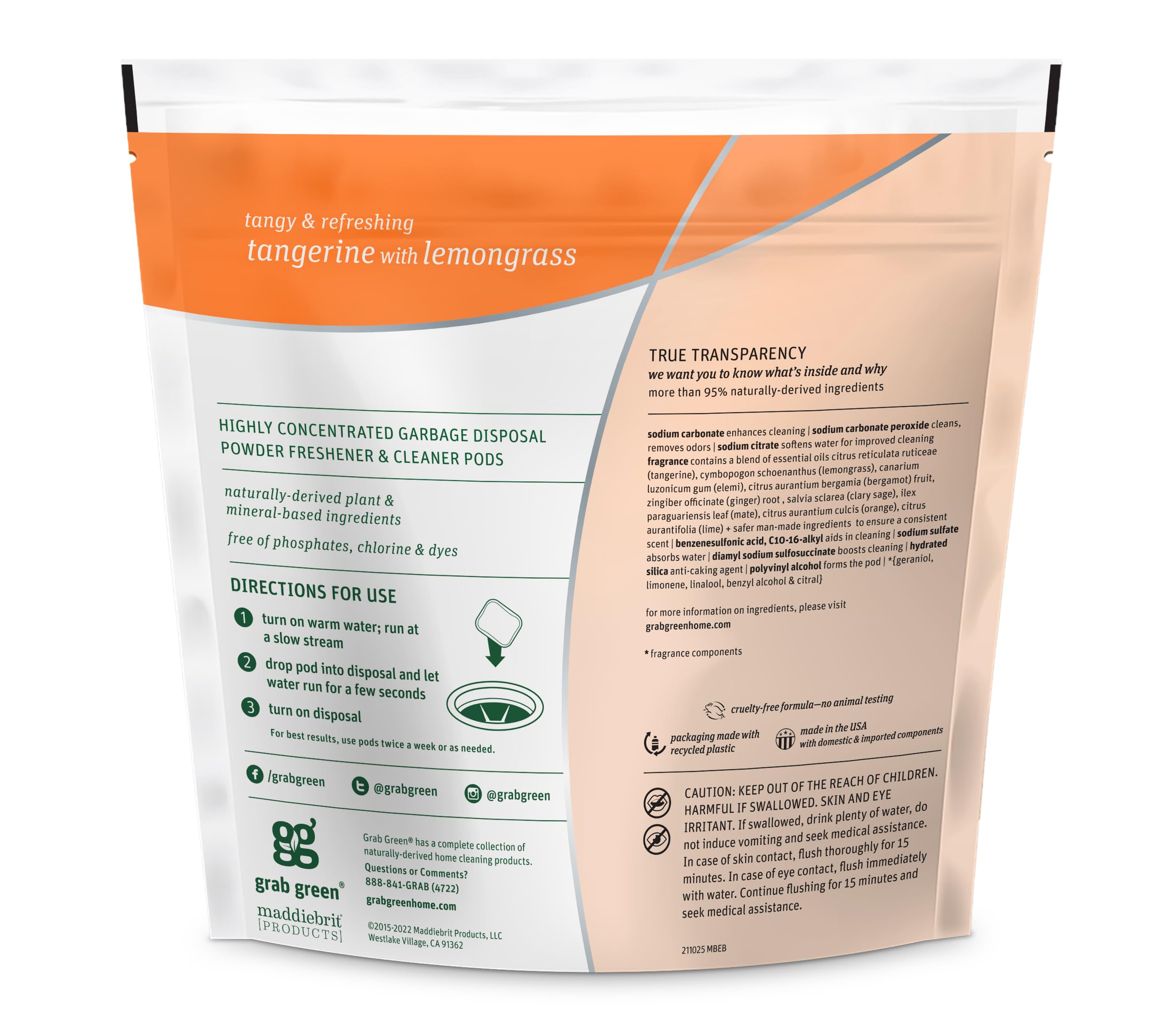 Grab Green Garbage Disposal Freshener and Cleaner Pods, 12 Count, Tangerine with Lemongrass Scent, Plant and Mineral Based, Removes Odors, Loosens Grime, Prevents Clogging