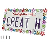Creathome 3D Shining Daisy Wrenth License Plate Frame from Pure Zinc Alloy Metal Perfect Plate Holder, Chrome with Colorful Glitter