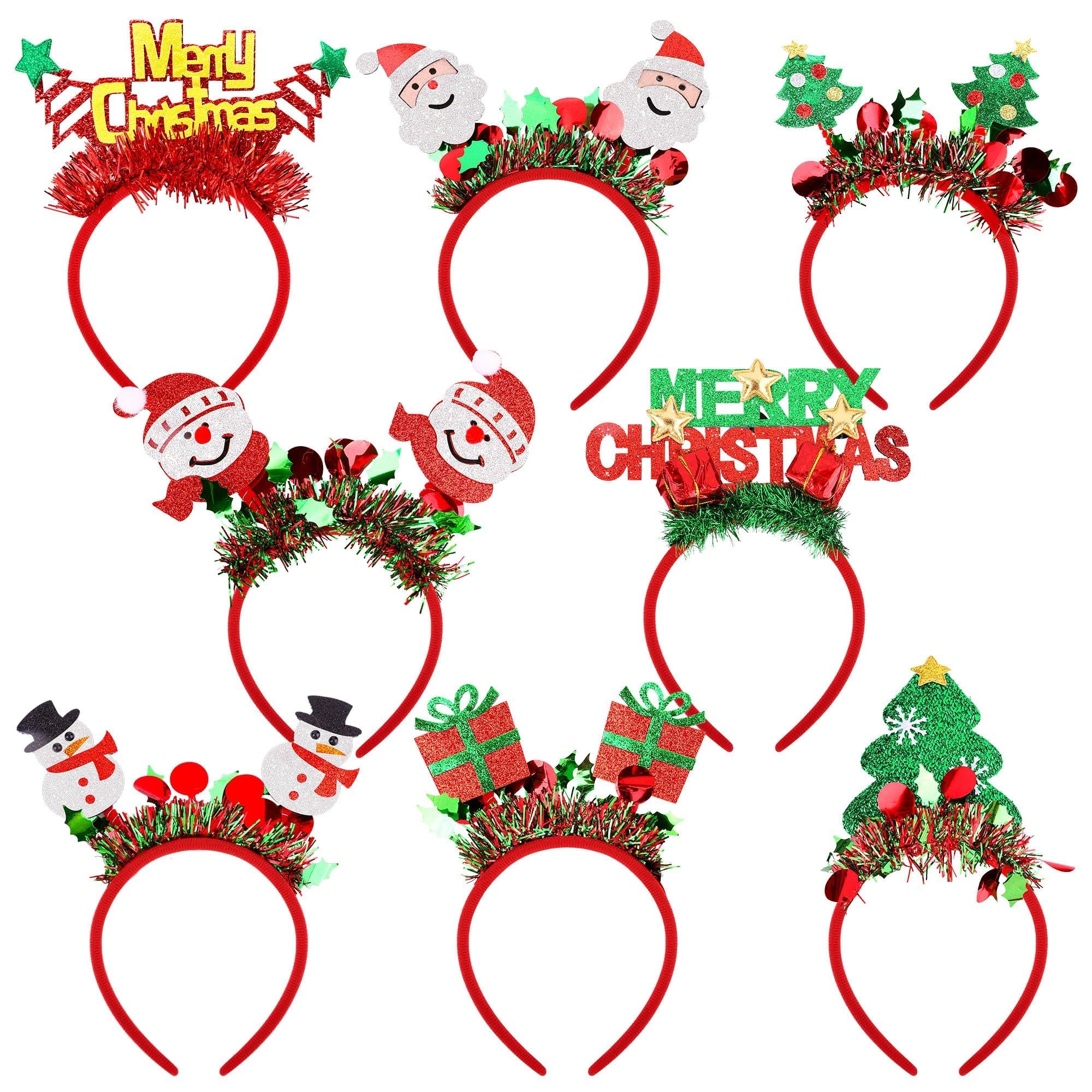 Aodaer 8 Pack Christmas Glitter Headbands Xmas Costume Headwear Assorted Styles Snowman Xmas Tree Gift Hair Hoops for Christmas Party Favors