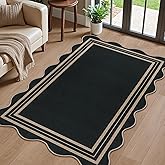 LORWER Easy Jute 3x5 Outdoor Patio Rug, Washable Rugs for Entryway Black Modern Indoor Kitchen Rugs, Farmhouse Neutral Non Slip Scalloped Carpet for Living Room Backyard