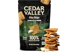 CEDAR VALLEY SELECTIONS Cedar Valley Garlic & Herb Pita Chips 6 Pack – Mediterranean Snack, Light Golden Pita Chips with Crunch, Gourmet Garlic & Herb Flavor, Small-Batch Family-Made Snack, No Preservatives, Zero Seed Oils, Perfect for Dipping, 180g Each