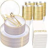Rubtlamp 350 Pcs Clear Gold Plastic Plates, Hammered Disposable Dinnerware, Clear-Gold Plates Set Include 100 Plastic Platos, 150 Gold Disposable Silverware, 50 Cups And 50 Napkins for Party
