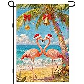 IVN Merry Christmas Burlap Garden Flag 12x18 Inch Flamingo Beach Palm Tree Ocean Christmas Flag Double Sided Outdoor Yard Banner for Porch Lawn Patio Decor