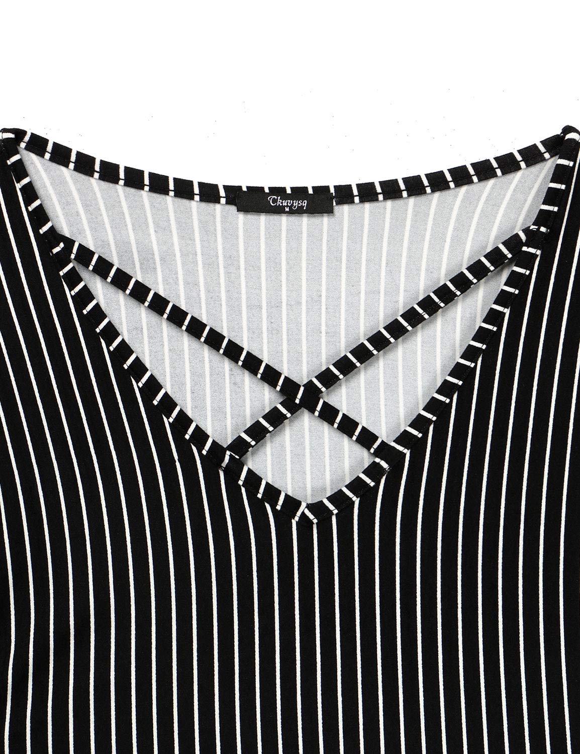 Ckuvysq Basic Tops, Female Vintage Striped Print Shirt Casual Loose Flared Short Sleeve V Neck Blouse Brand Simple Basic Gradient Tunics for Women Black (White Strip) Large