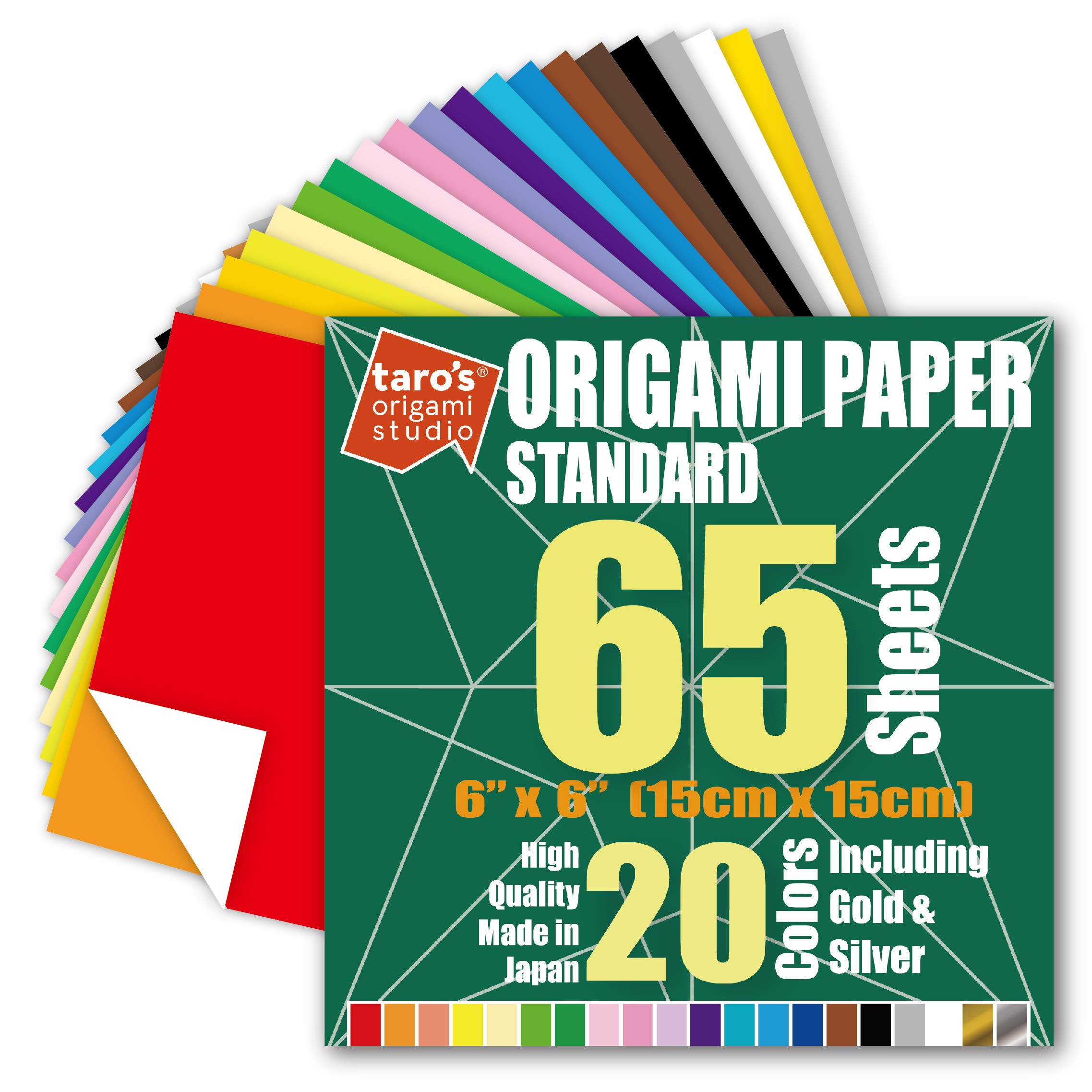[Taro's Origami Studio] Standard 6 Inch One Sided 20 Colors 65 Sheets Square Easy Fold Premium Japanese Paper for Beginner (Gold and Silver Included) Made in Japan