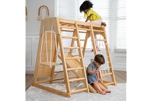Avenlur Magnolia Indoor Playground 7-in-1 Jungle Gym Playset for Kids 2-6yrs - Slide, Climbing Wall, Rope Wall Climber, Monkey Bars, Swing - Waldorf and Montessori Style Wooden Climb Set.