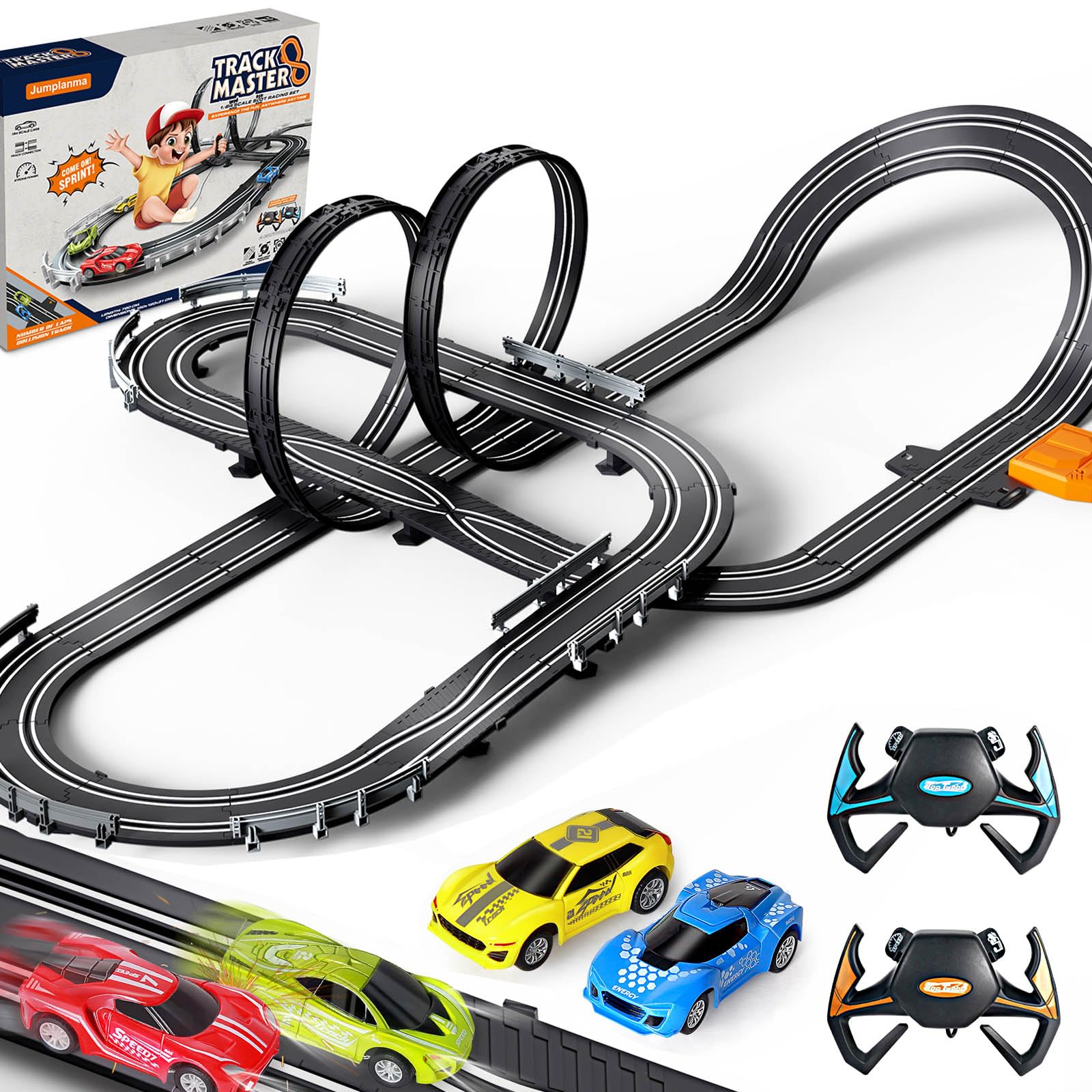 Photo 1 of Slot Car Race Track Sets for Boys Kids,Battery or Electric Race Car Track with 4 High-Speed Slot Cars and 2 Hand Controllers,Dual Racing Game Lap Counter Circular Overpass Track Toys Age 6 7 8-12