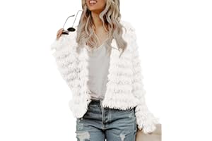 SYSEA Womens Open Front Faux Fur Cardigan Vintage Parka Shaggy Jacket Coat