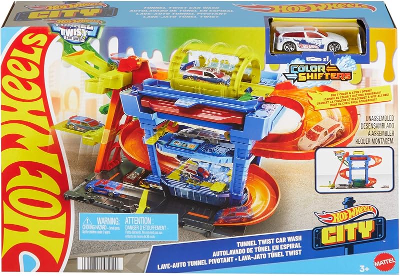 Hot wheels city “vamos correr - vamos correr!” netflix - spinning car wash track para carros de brinquedo, inclui 1 veículo color shifter, +4 anos (mattel htn80)
